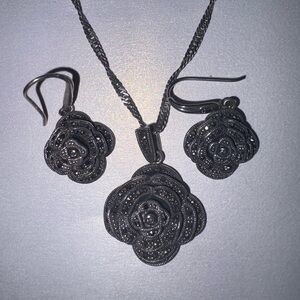 Vintage RARE Sterling Silver 925 Marcasite Rose Pendant & Chain 18’Earrings Set
